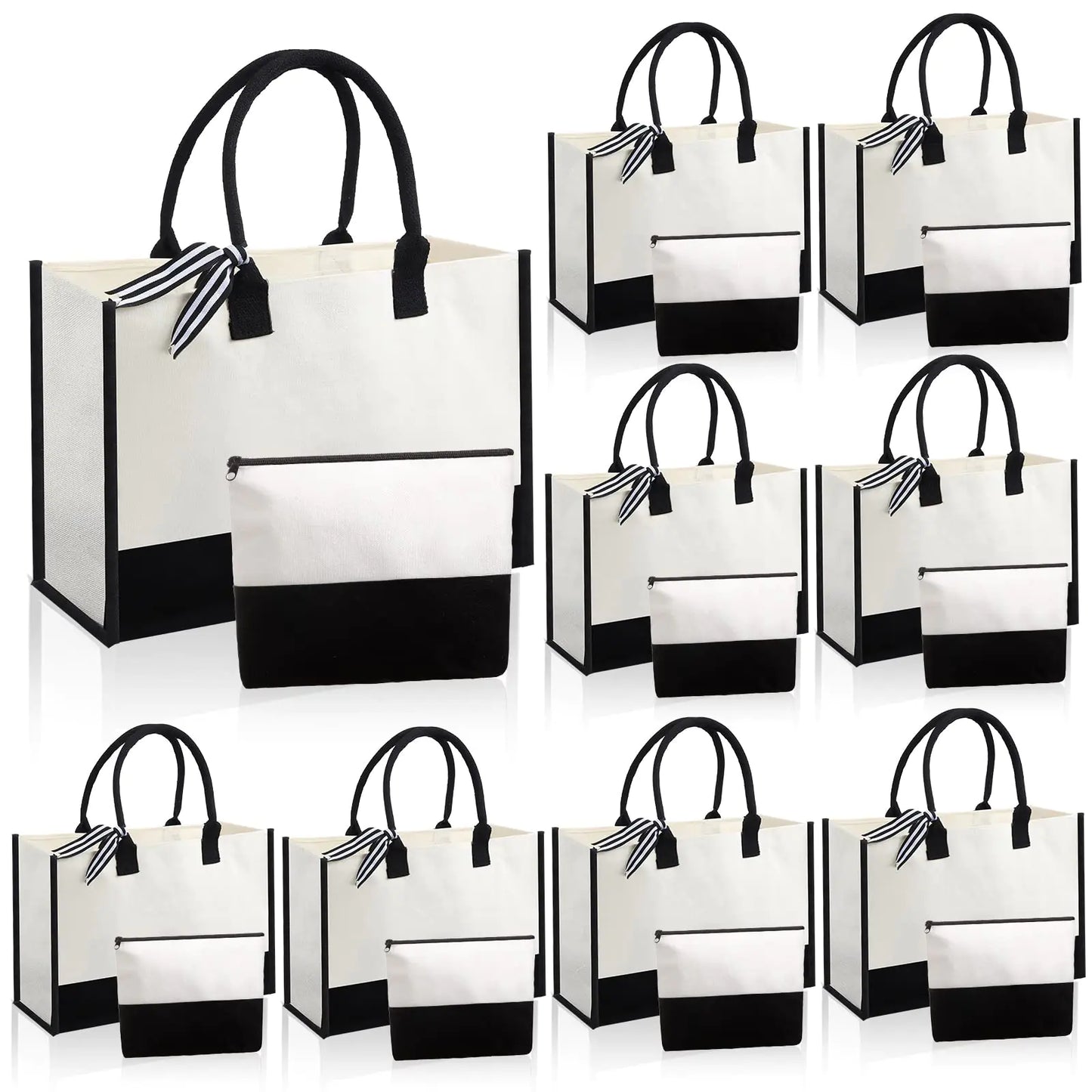 8 Pieces Burlap Tote Bags and Makeup Bag Set White and Black