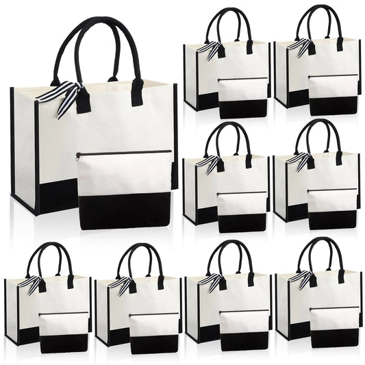 8 Pieces Burlap Tote Bags and Makeup Bag Set White and Black